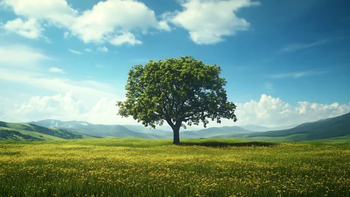 Solitary deciduous tree centered in expansive meadow landscape.