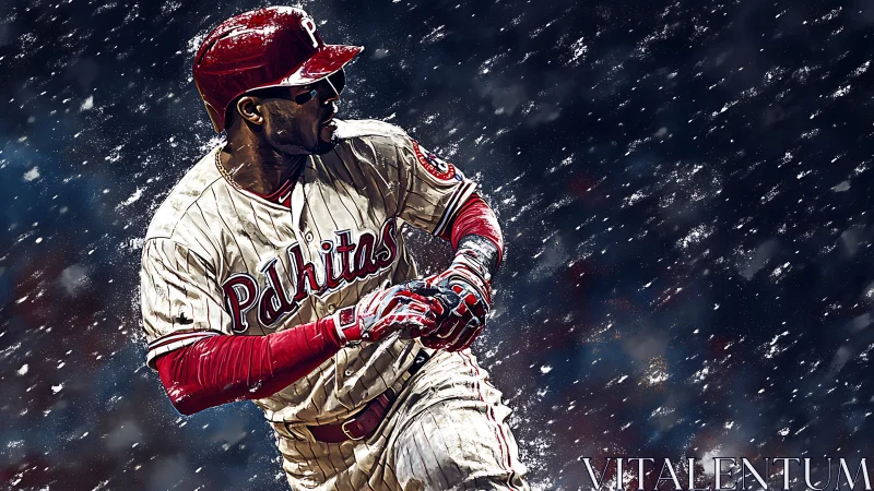 Dynamic baseball batter in snowfall, high contrast digital art