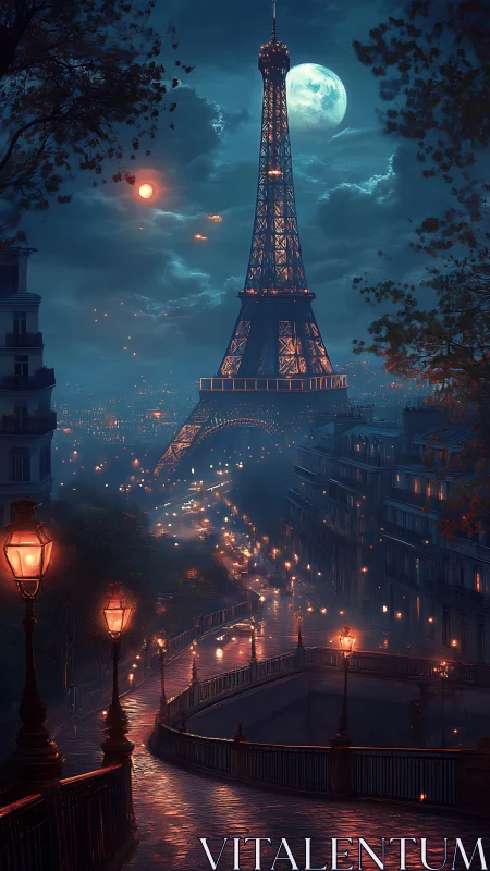 Surreal moonlit Paris streets converge beneath a glowing Eiffel Tower