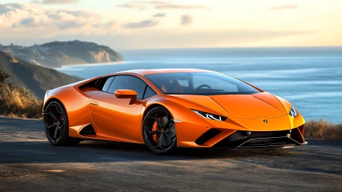 Orange supercar cuts coastal road under warm sunset light