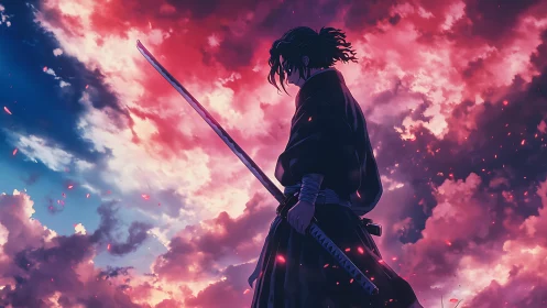 Silhouetted samurai warrior with katana against magenta storm sky