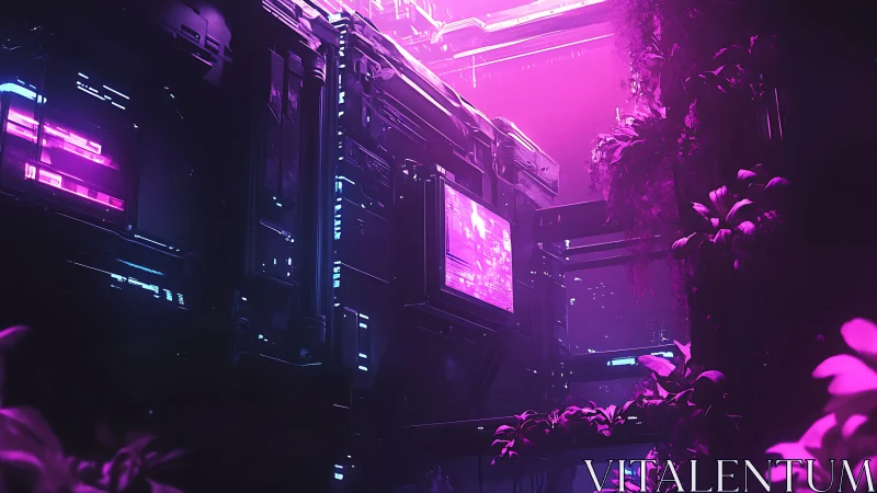 Futuristic corridor with neon displays and dense foliage.