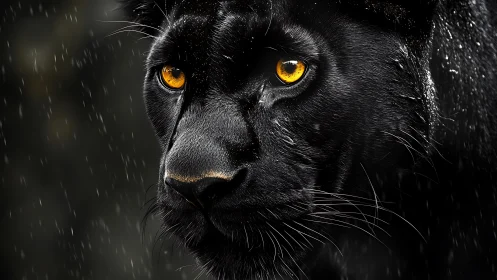 Obsidian Gaze: Black Panther's Golden Stare in Rain.