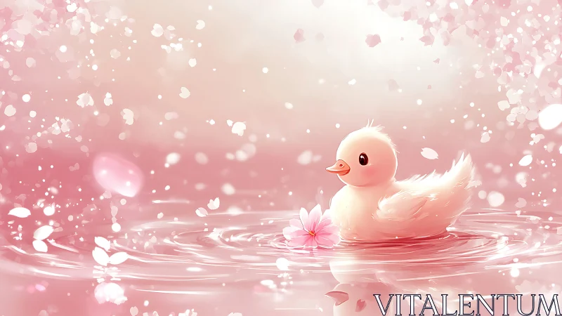 Soft duckling drifts through swirling cherry blossom daydream