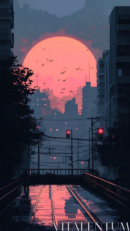 Silhouette figure stands on urban bridge under oversized sunset