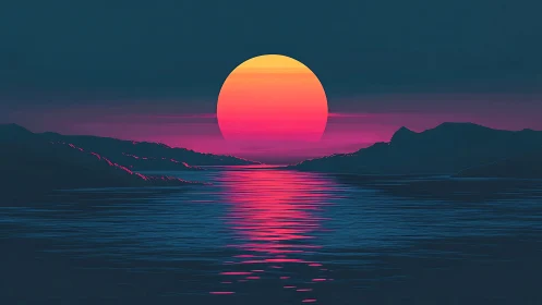 Neon sun sinks over synthwave sea and dark ridges.
