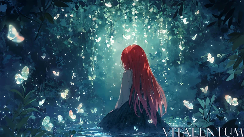 Bioluminescent forest pool with red‑haired figure and butterflies.