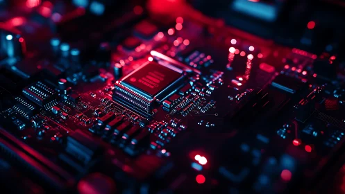 Cybernetic mainboard macro with luminous logic circuitry.