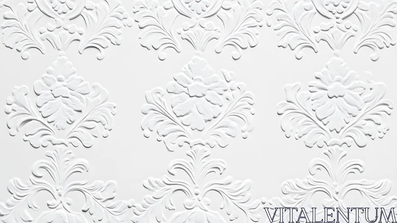 High-relief white baroque damask wall panel pattern in repeat