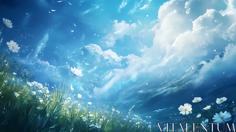 Daisy meadow under expansive blue sky with clouds.