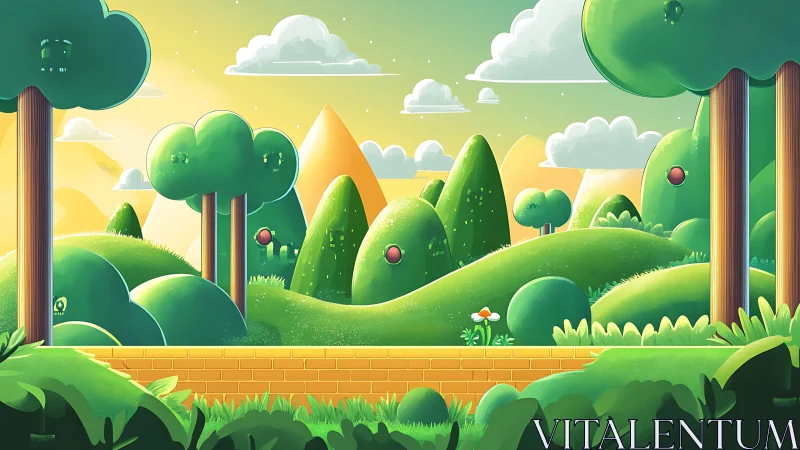 Stylized Green Landscape with Geometric Topiary Elements.