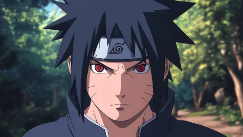 Scarlet-eyed ninja stalks a sunlit forest path in silence.