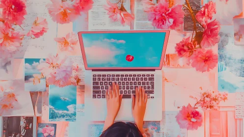 Creative workspace glows under vivid pink floral haze.