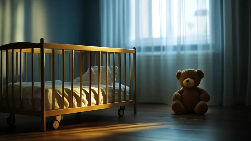 Wooden baby crib and teddy bear in softly lit nursery.