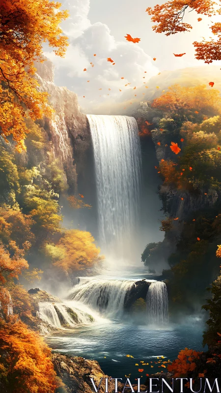 Tiered autumn waterfall under volumetric light and dense mist