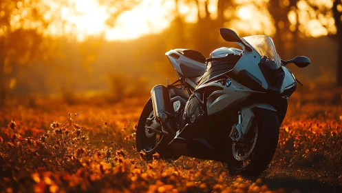 Sport motorcycle glows under golden sunset field light.