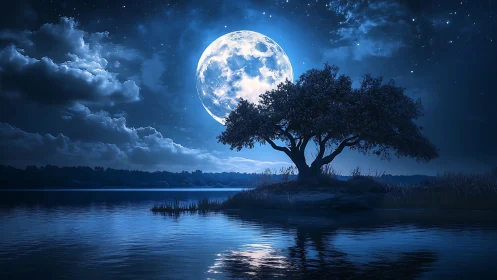 Nocturnal lakeside tree silhouetted beneath radiant full moon.
