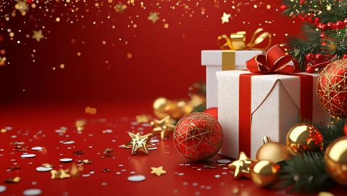 Christmas gifts with golden ornaments rest on red surface