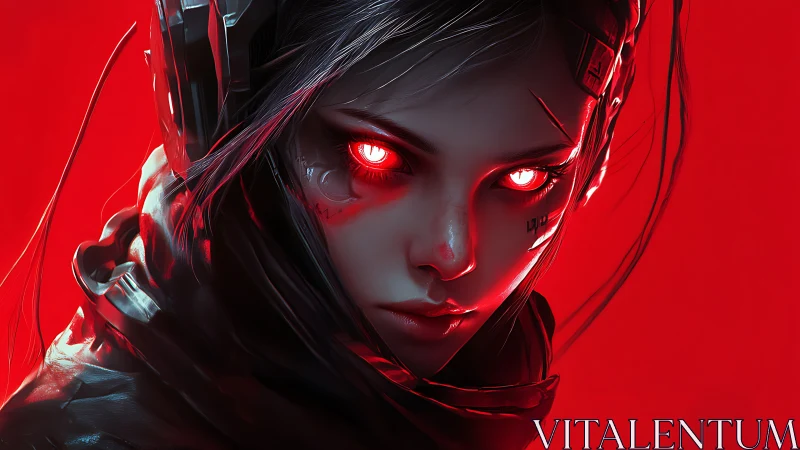 Cybernetic warrior with glowing eyes confronts the viewer