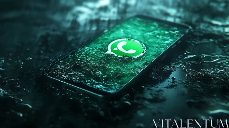 Smartphone with messaging app screen submerged in heavy rain