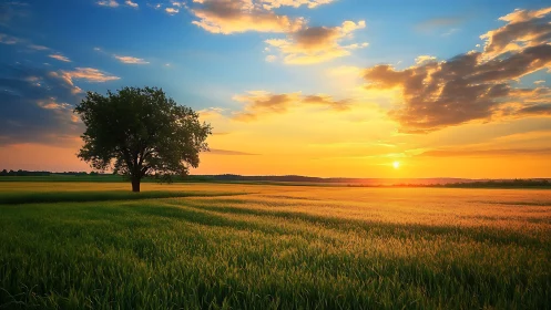 Photorealistic lone tree in panoramic wheatfield sunset composition.