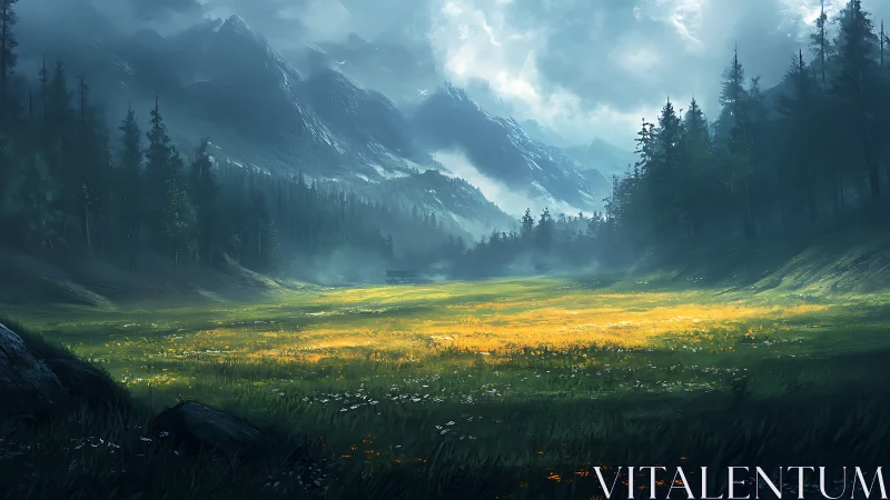 Sunlit mountain meadow glows beneath brooding storm skies.