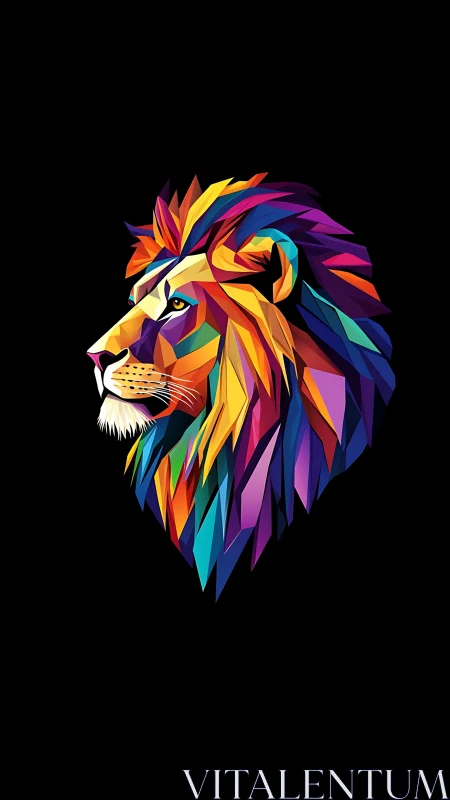 Geometric neon lion head on black minimalist background.