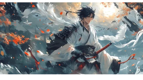 Samurai warrior framed by swirling cranes and autumn embers