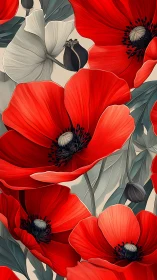 Red Poppies with White Blooms and Seed Pods.