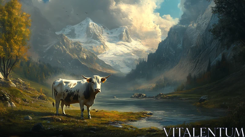 Gentle cow enjoys a peaceful alpine valley under glowing peaks