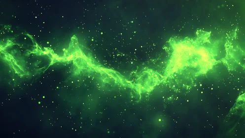 Green luminous plasma cloud with scattered glowing particles.