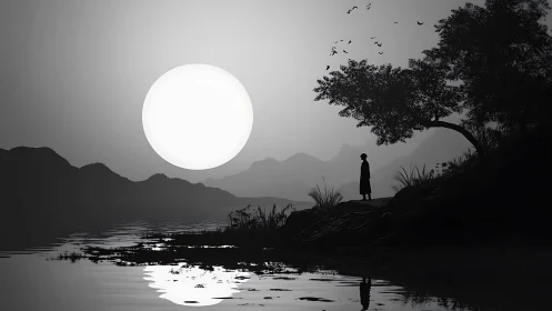 Solitary figure watches oversized moon above misty lake