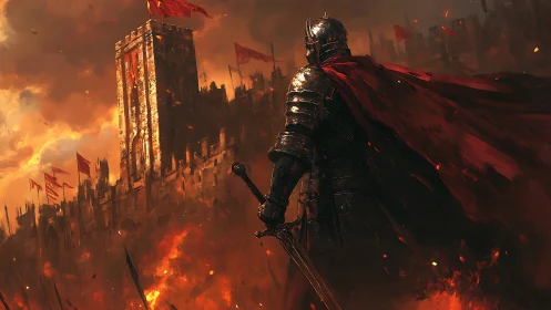 Armored warlord before burning fortress under storming sky