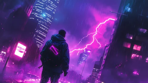 Neon lightning storms a cyberpunk cityscape in violet rain