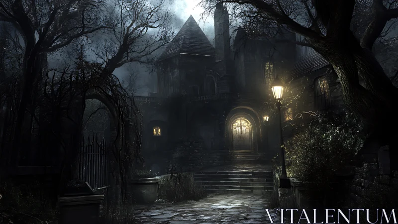Lanternlit Gothic Manor Brooding Beneath a Moonfed Fog.