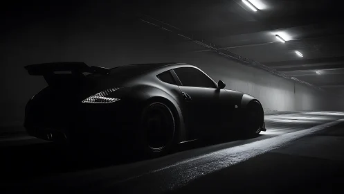 Matte black sports car parked in a dim concrete tunnel.