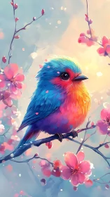 Blossom-perched rainbow songbird in dreamy pastel spring glow.