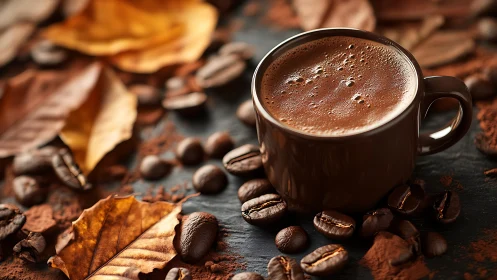 Steaming cup of coffee rests amid autumn leaves and beans