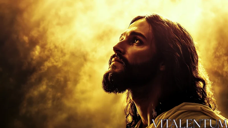 Reverent man gazes upward into radiant golden heavens