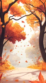 Autumn Forest Path with Falling Leaves and Misty Ground.