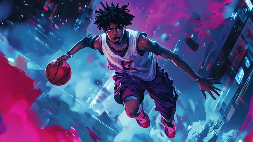 Neon kinetic basketball portrait in dynamic cyberpunk frame.