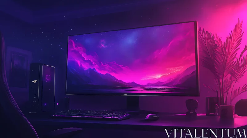 Neon lit gaming desktop setup with ultrawide monitor.