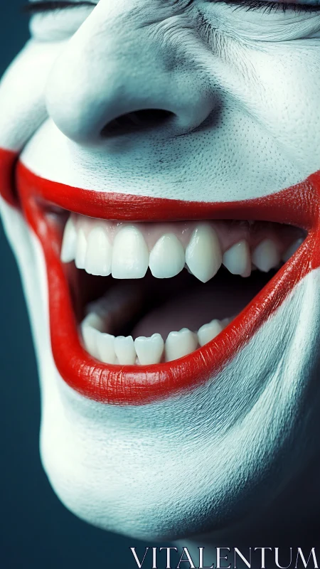 Close-up painted clown smile shows wide laughing mouth