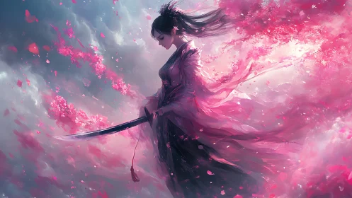 Serene sword maiden amid drifting cherry blossoms at dusk.