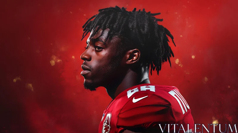 Focused football player stands in bold red atmospheric glow