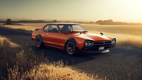 Retro-mod orange coupe rendered in cinematic sunset lighting