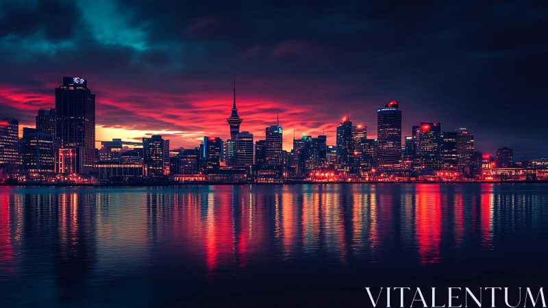 Neon skyline over harbor at vivid twilight reflections.