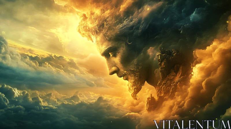 Gigantic stone face forms within glowing celestial clouds