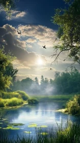 Sunlit forest pond reflects clouds and distant birds in sky
