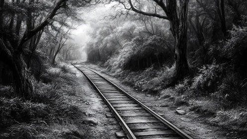 Railway track curving through dense monochrome forest corridor.